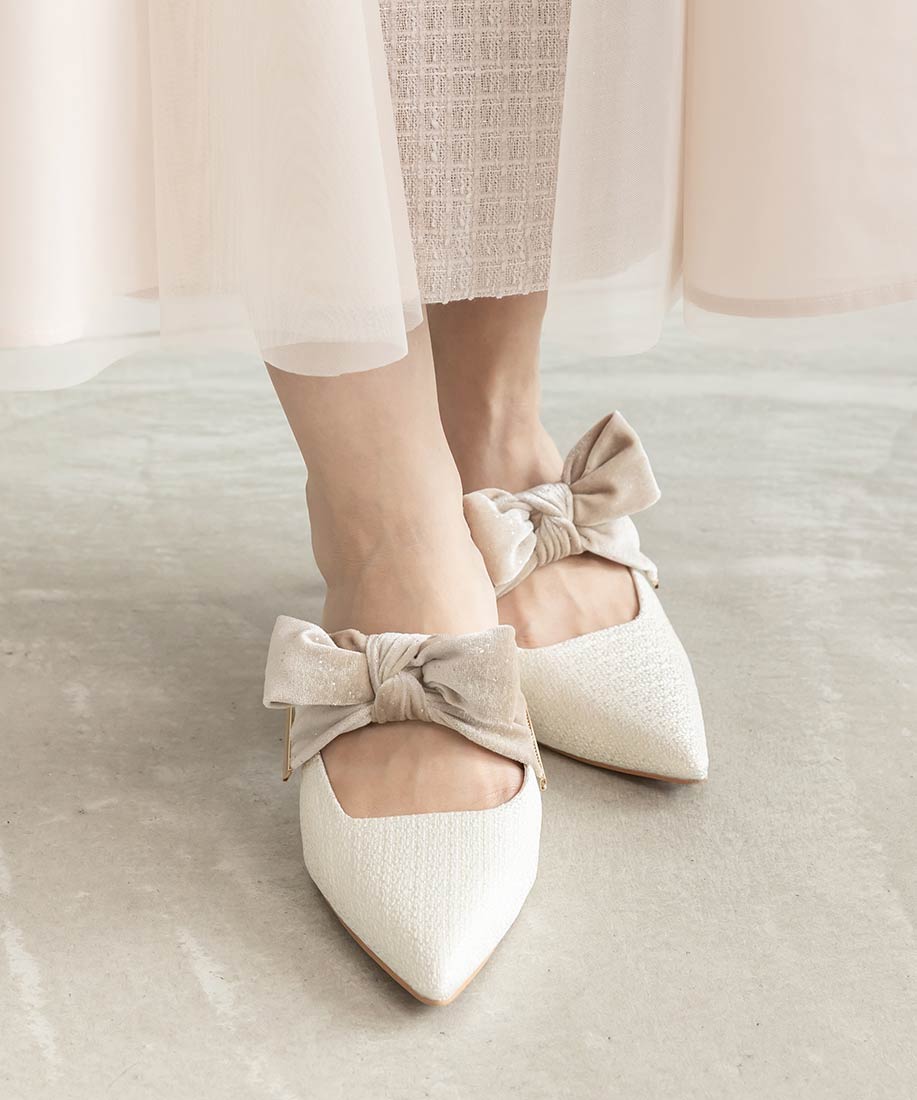 ランダ RANDA ビッグベロアリボンミュールパンプス （WHITE） WHITE