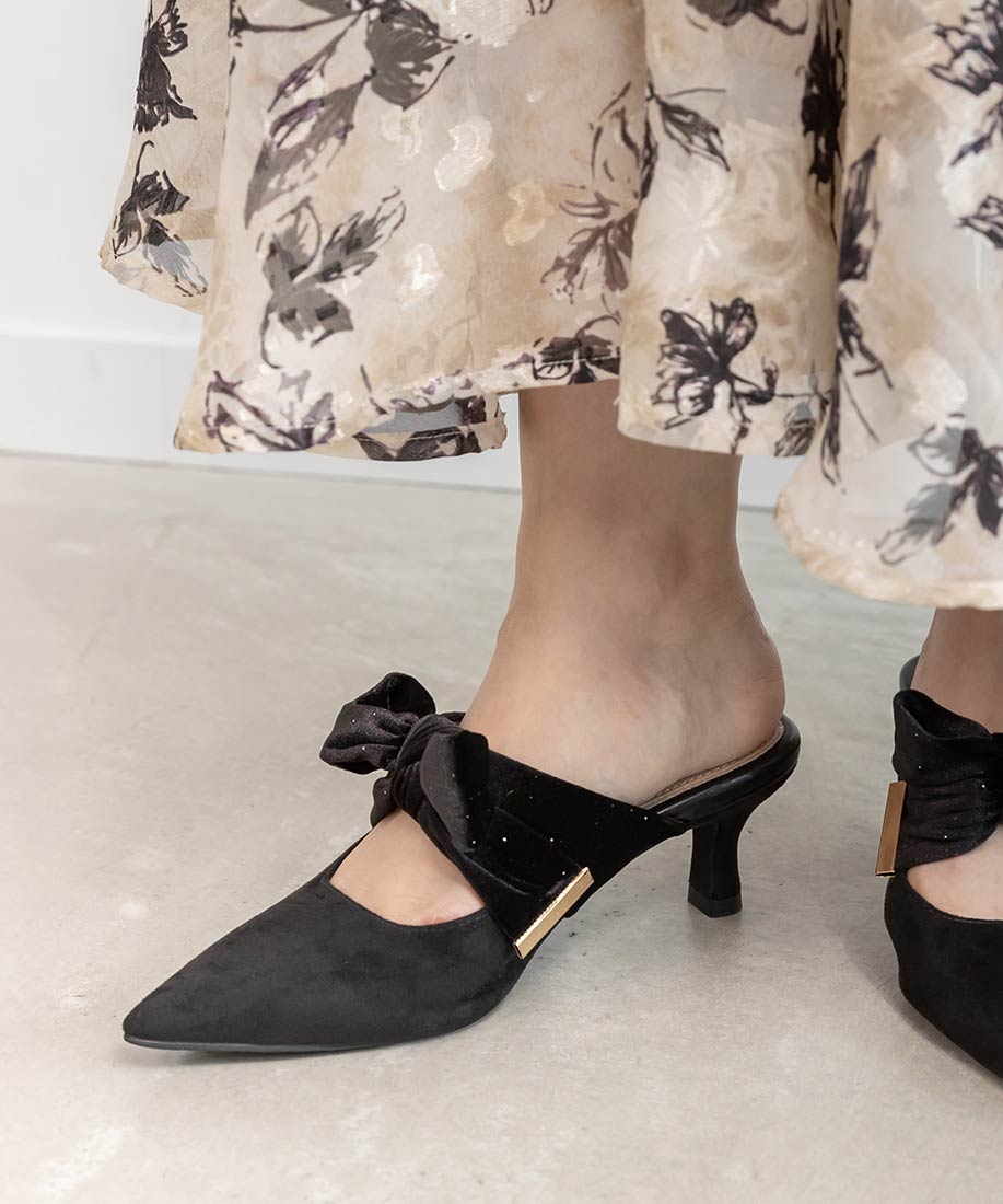 ランダ RANDA ビッグベロアリボンミュールパンプス （BLACK） BLACK