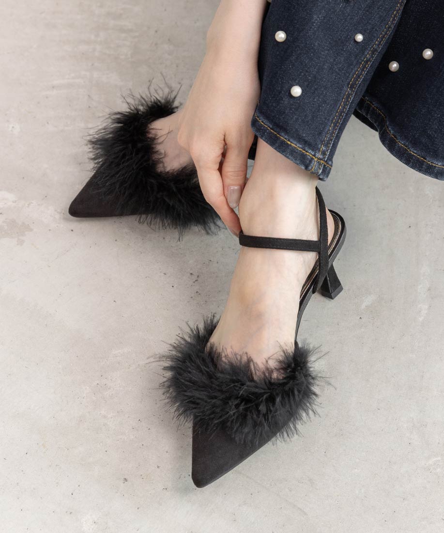 ランダ RANDA ★ ファーデザインストラップパンプス （BLACK） BLACK