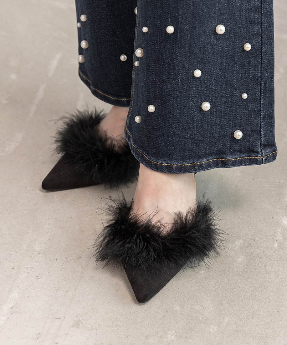 ランダ RANDA ★ ファーデザインストラップパンプス （BLACK） BLACK