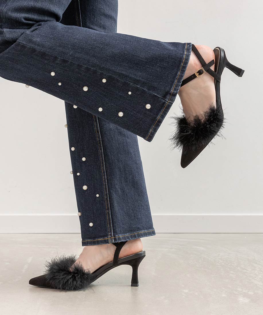 ランダ RANDA ★ ファーデザインストラップパンプス （BLACK） BLACK