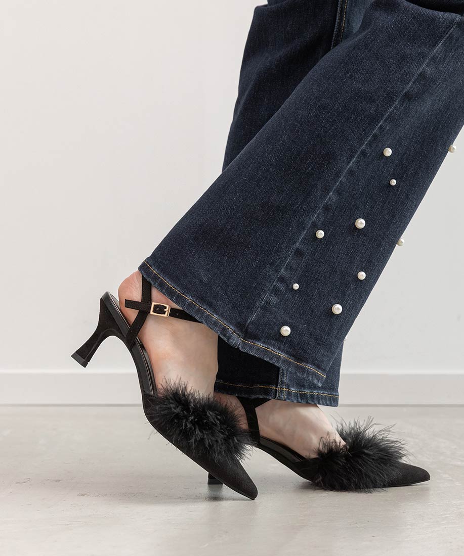 ランダ RANDA ★ ファーデザインストラップパンプス （BLACK） BLACK