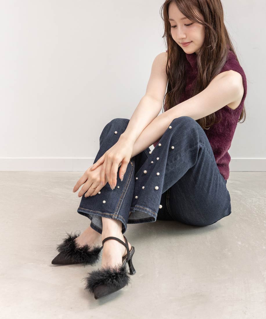 ランダ RANDA ★ ファーデザインストラップパンプス （BLACK） BLACK