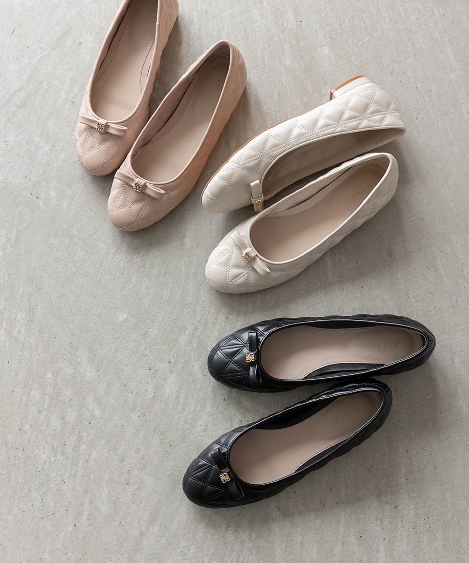 ランダ RANDA キルティングラウンドトゥフラットパンプス （BLACK） BLACK