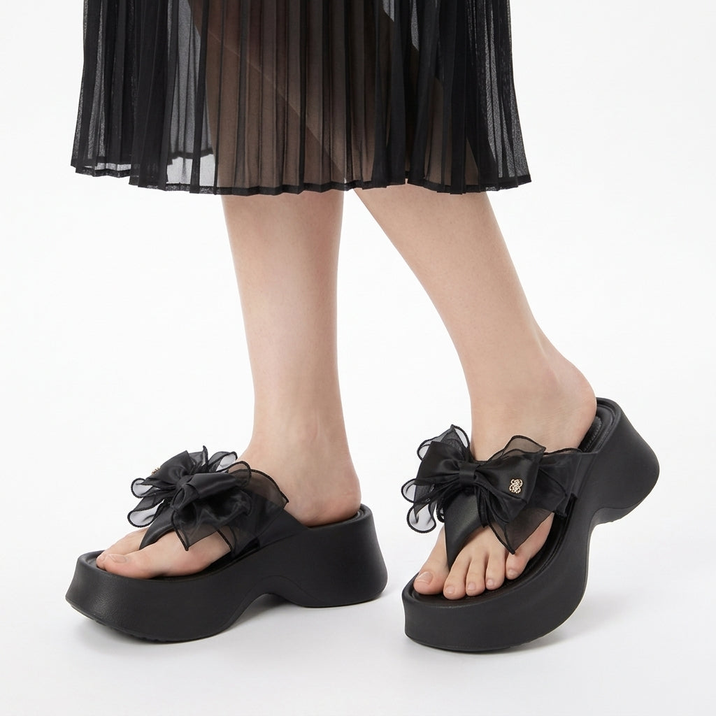 ランダ RANDA 2WAY シアーリボンボリュームソールトングサンダル （BLACK） BLACK