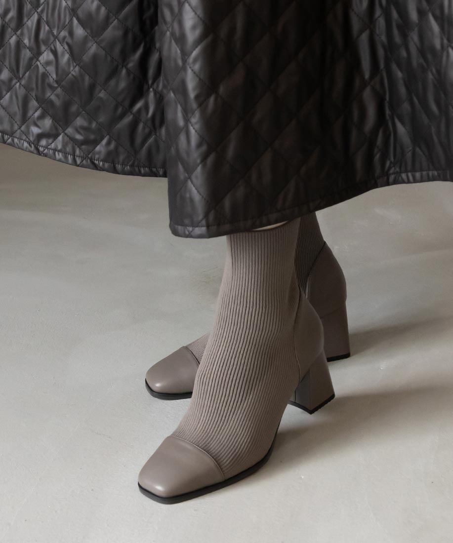 ランダ RANDA ストレッチ チャンキーヒールニットブーツ,GRAY