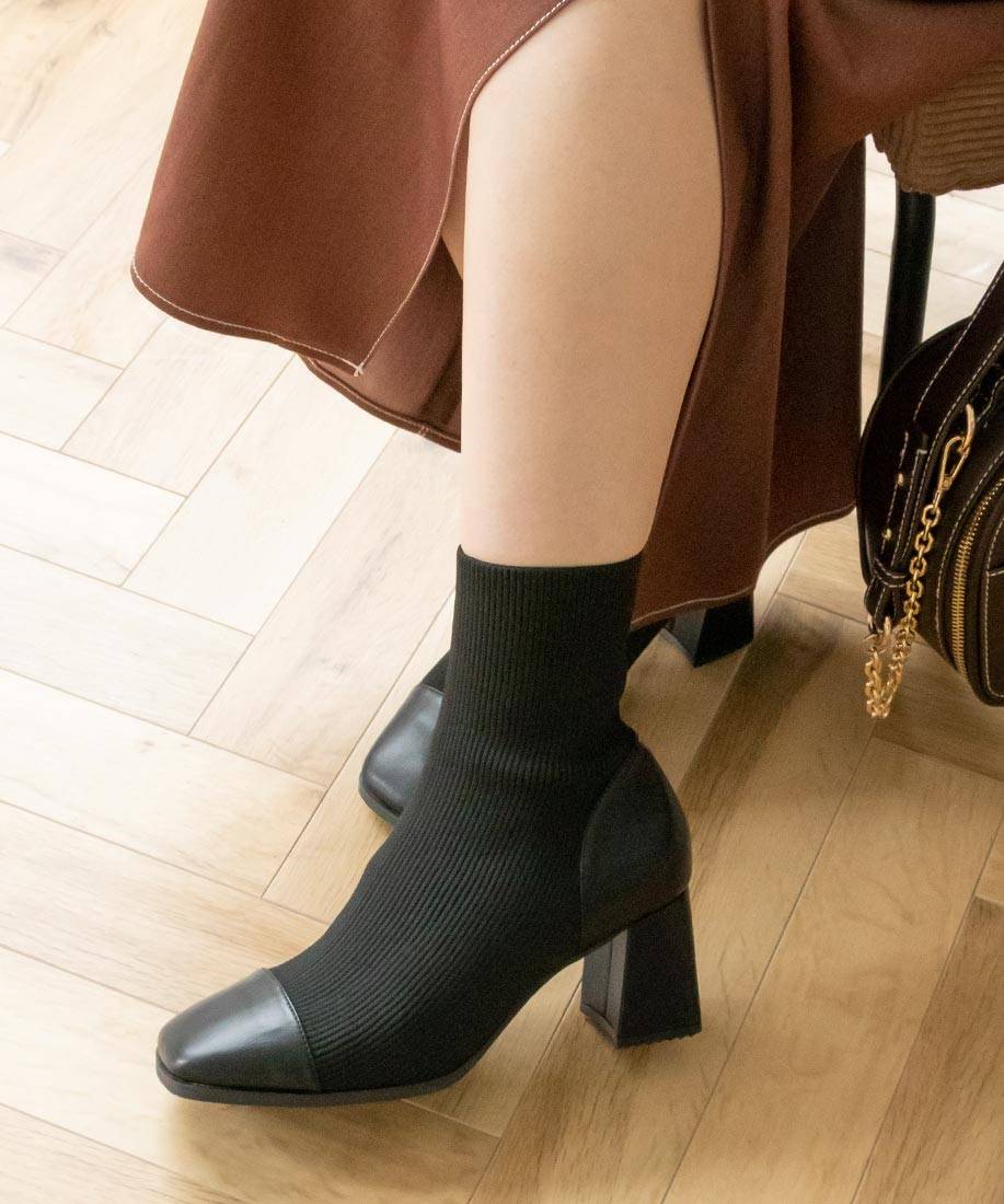 ランダ RANDA ストレッチ チャンキーヒールニットブーツ,BLACK