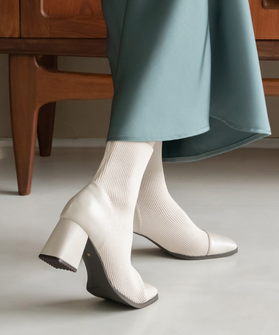 ランダ RANDA ストレッチ チャンキーヒールニットブーツ,IVORY