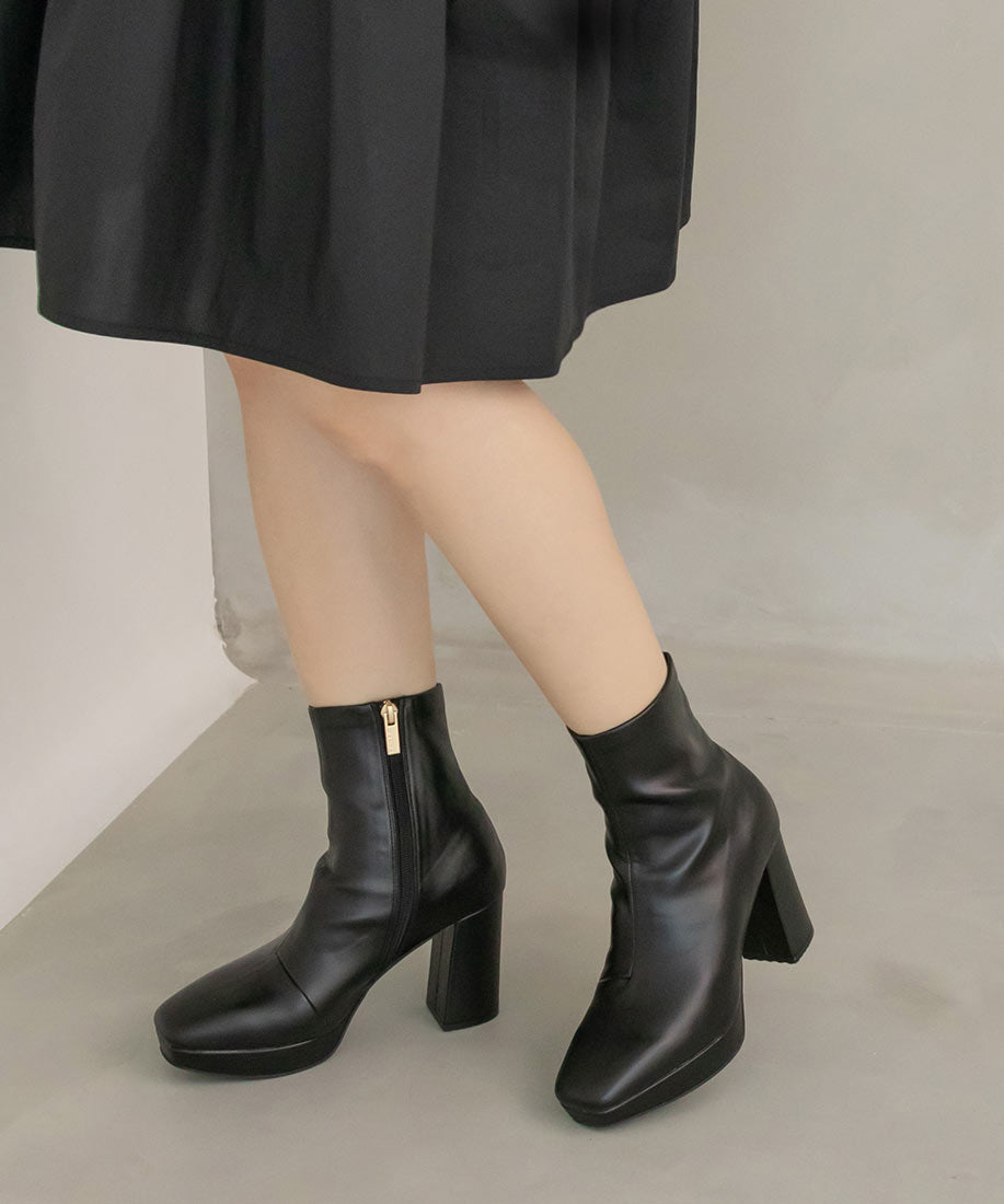 ランダ RANDA ストレッチ チャンキーヒールショートブーツ,BLACK