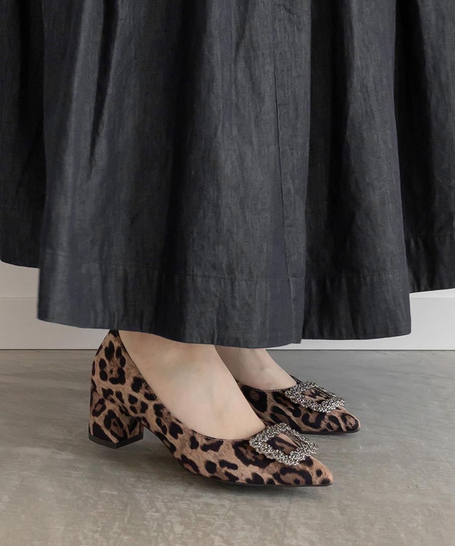 ランダ RANDA ビジューパーツチャンキーヒールパンプス,LEOPARD
