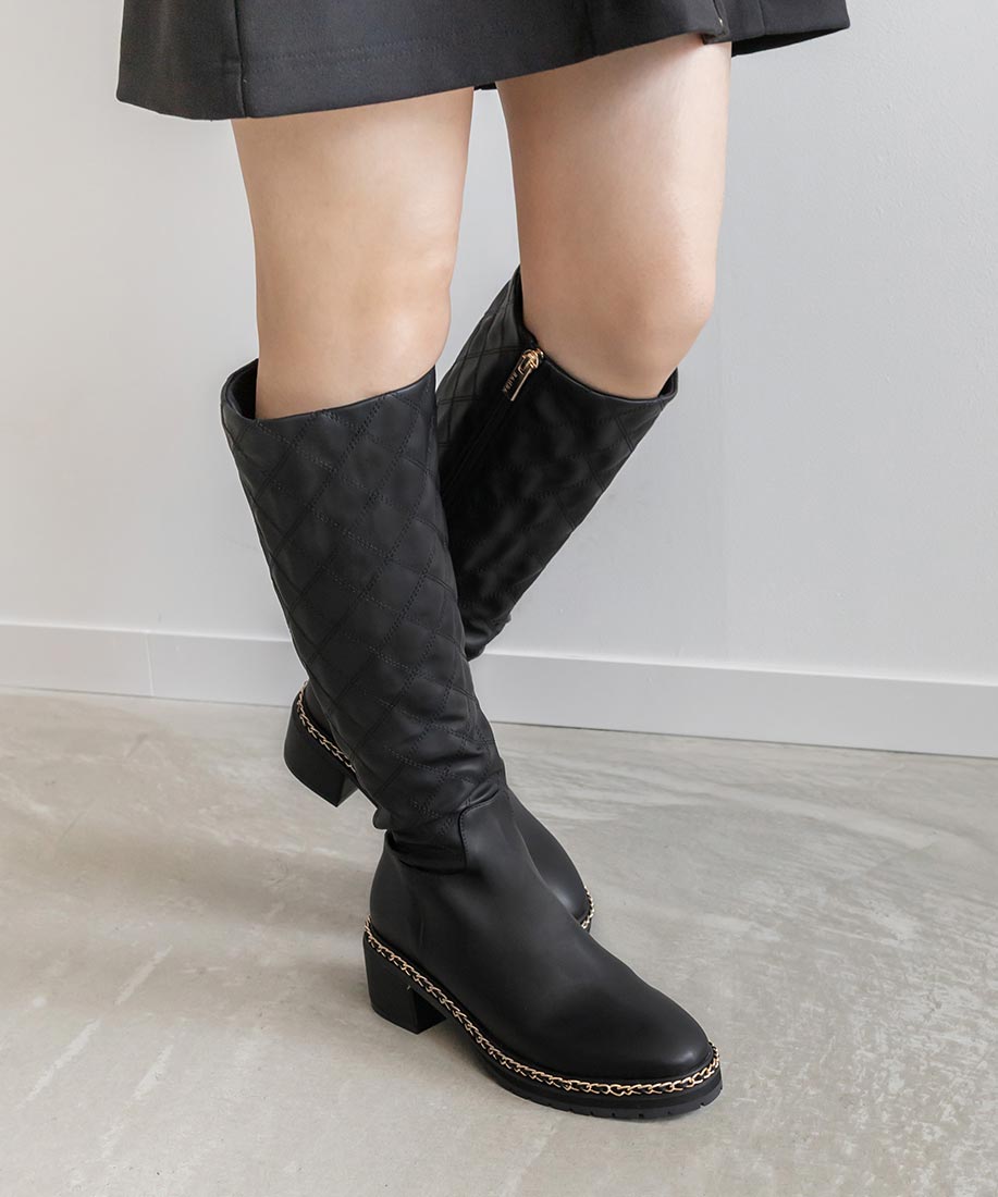 ランダ RANDA 晴雨兼用 キルティング×チェーンロングブーツ （BLACK） BLACK