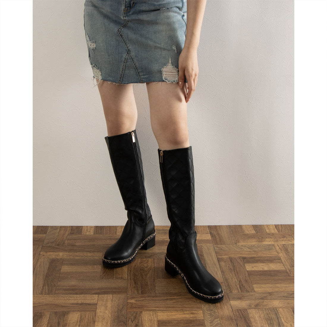 ランダ RANDA 晴雨兼用 キルティング×チェーンロングブーツ （BLACK） BLACK