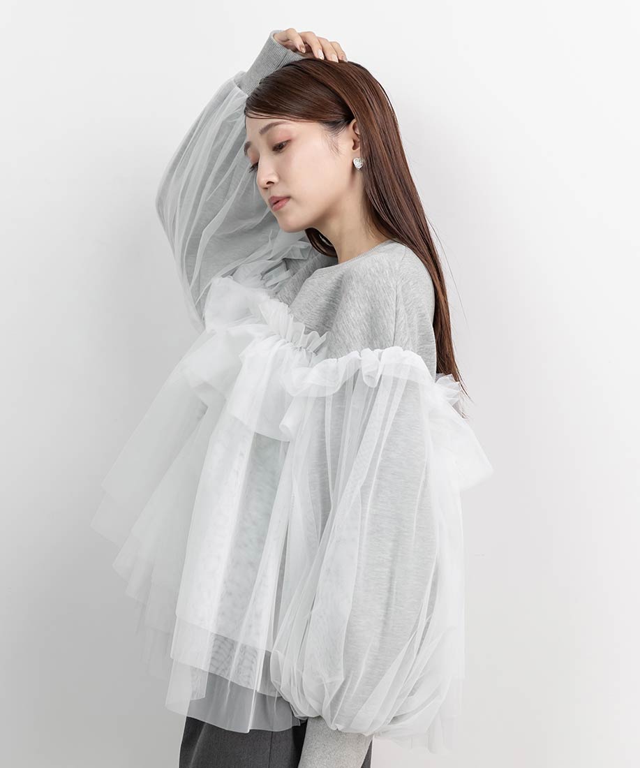 ランダ RANDA 【選べる丈感】ボリュームフリルチュールスウェット （GRAY） GRAY
