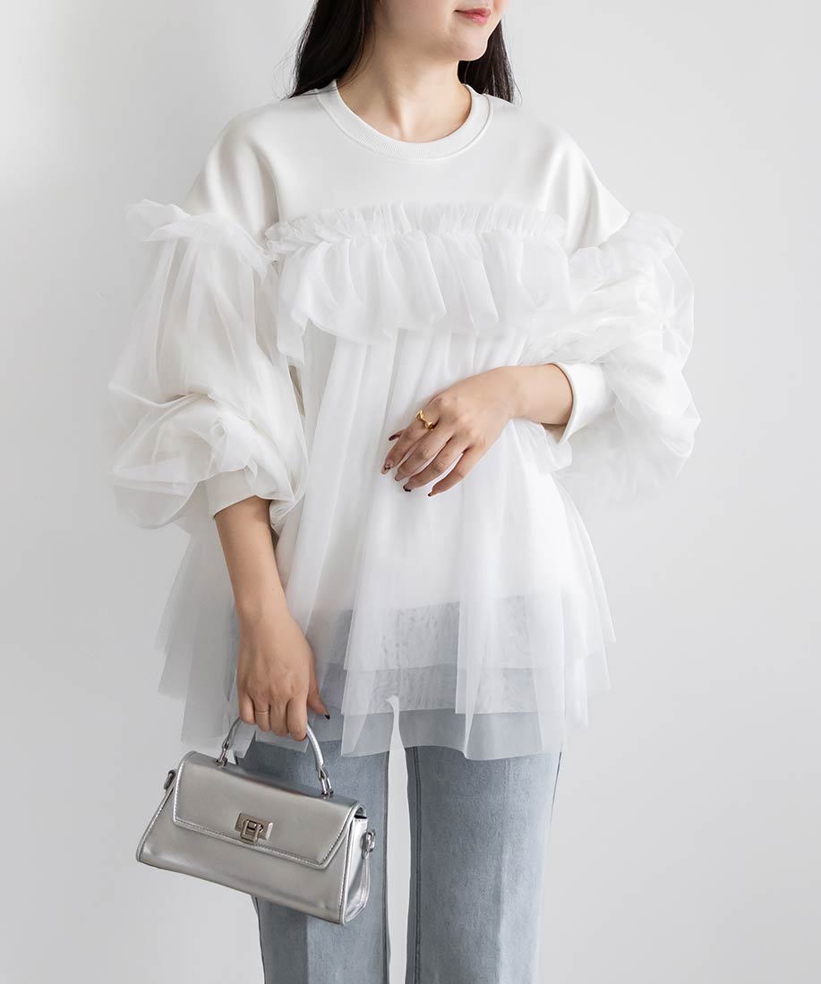 ランダ RANDA 【選べる丈感】ボリュームフリルチュールスウェット （WHITE） WHITE