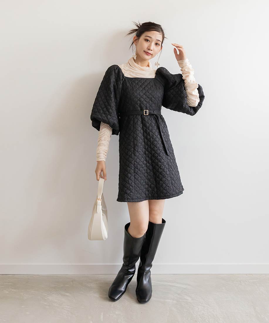 ランダ RANDA キルティングボリュームスリーブミニワンピース （BLACK） BLACK