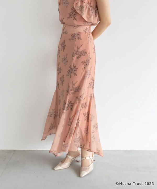 ランダ RANDA 【Mucha×RANDA】フラワープリントスカート,ORANGE