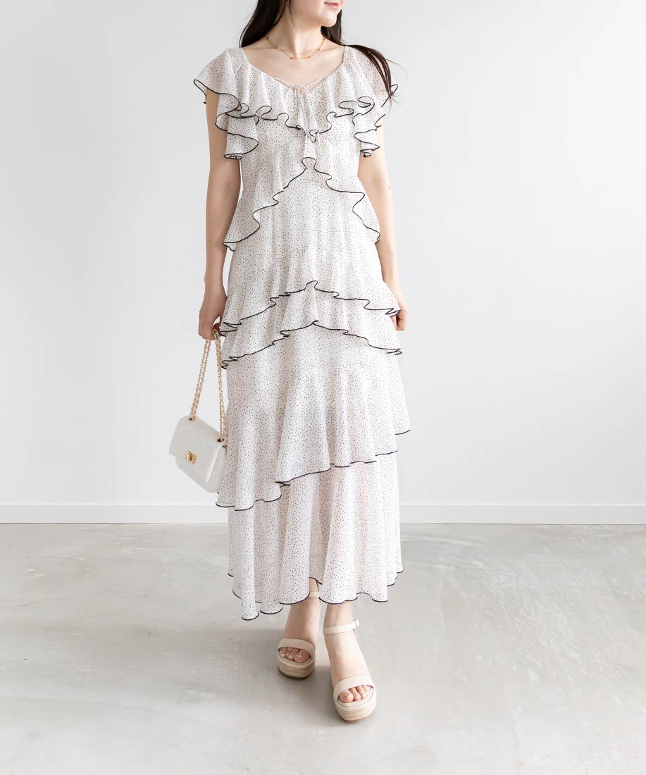 ランダ RANDA フリルティアードシフォンワンピース （WHITE） WHITE