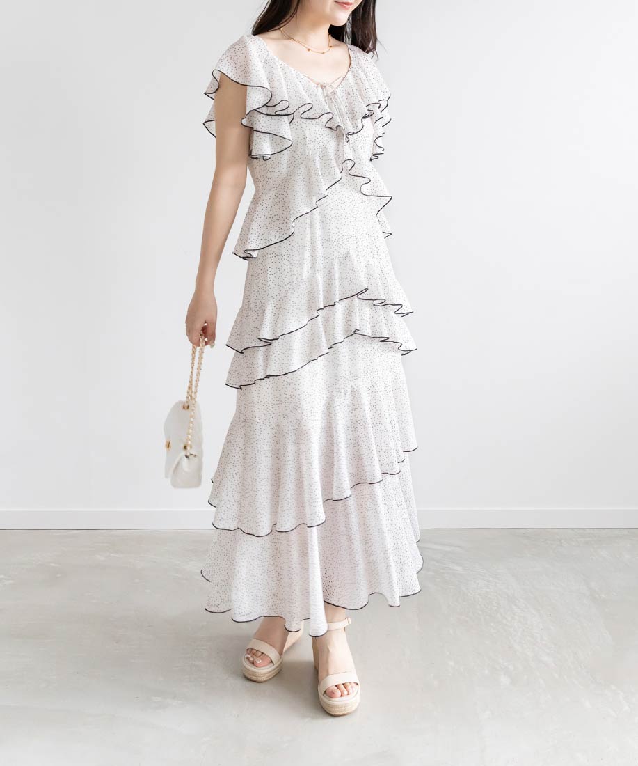 ランダ RANDA フリルティアードシフォンワンピース （WHITE） WHITE