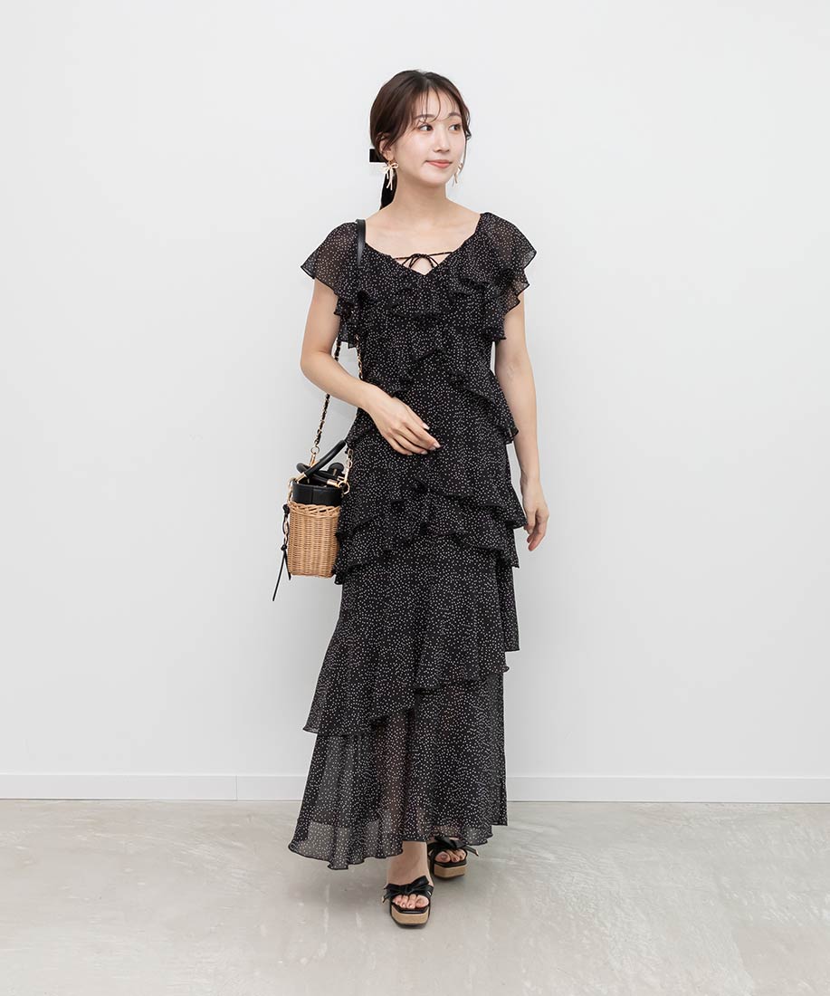 ランダ RANDA フリルティアードシフォンワンピース （BLACK） BLACK