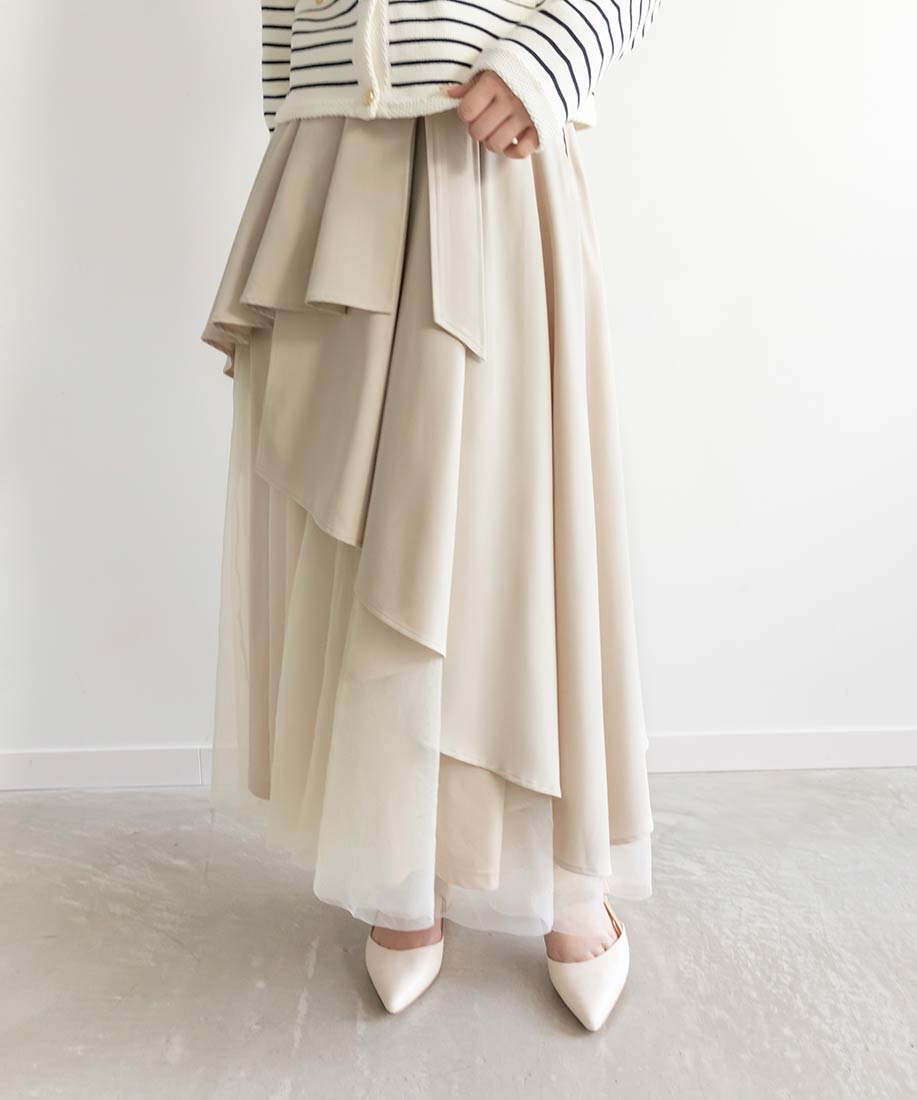 ランダ RANDA チュールドッキングフレアスカート （BEIGE） BEIGE