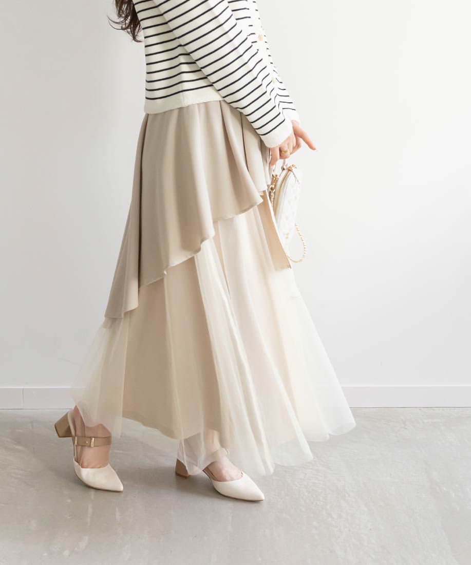 ランダ RANDA チュールドッキングフレアスカート （BEIGE） BEIGE