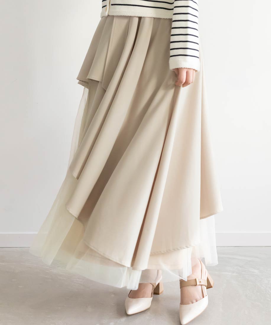 ランダ RANDA チュールドッキングフレアスカート （BEIGE） BEIGE
