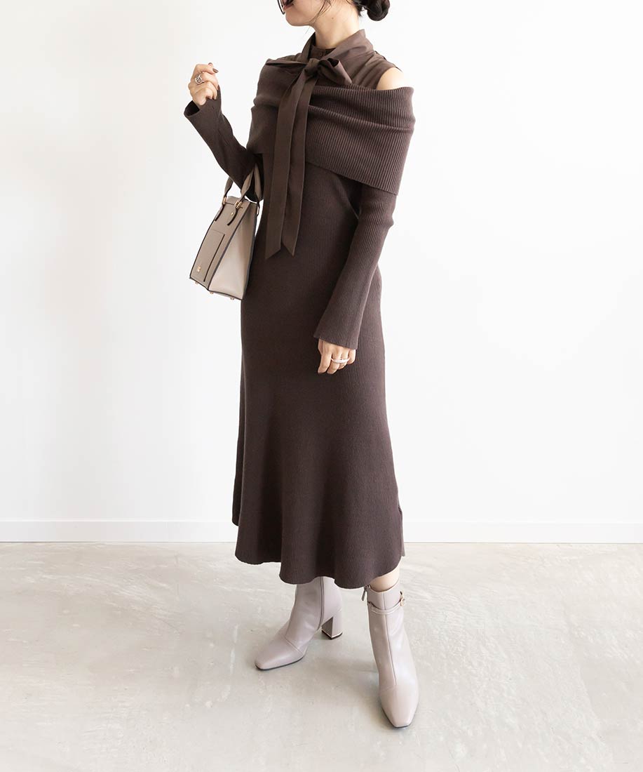 ランダ RANDA オフショルドッキングニットワンピース （BROWN） BROWN