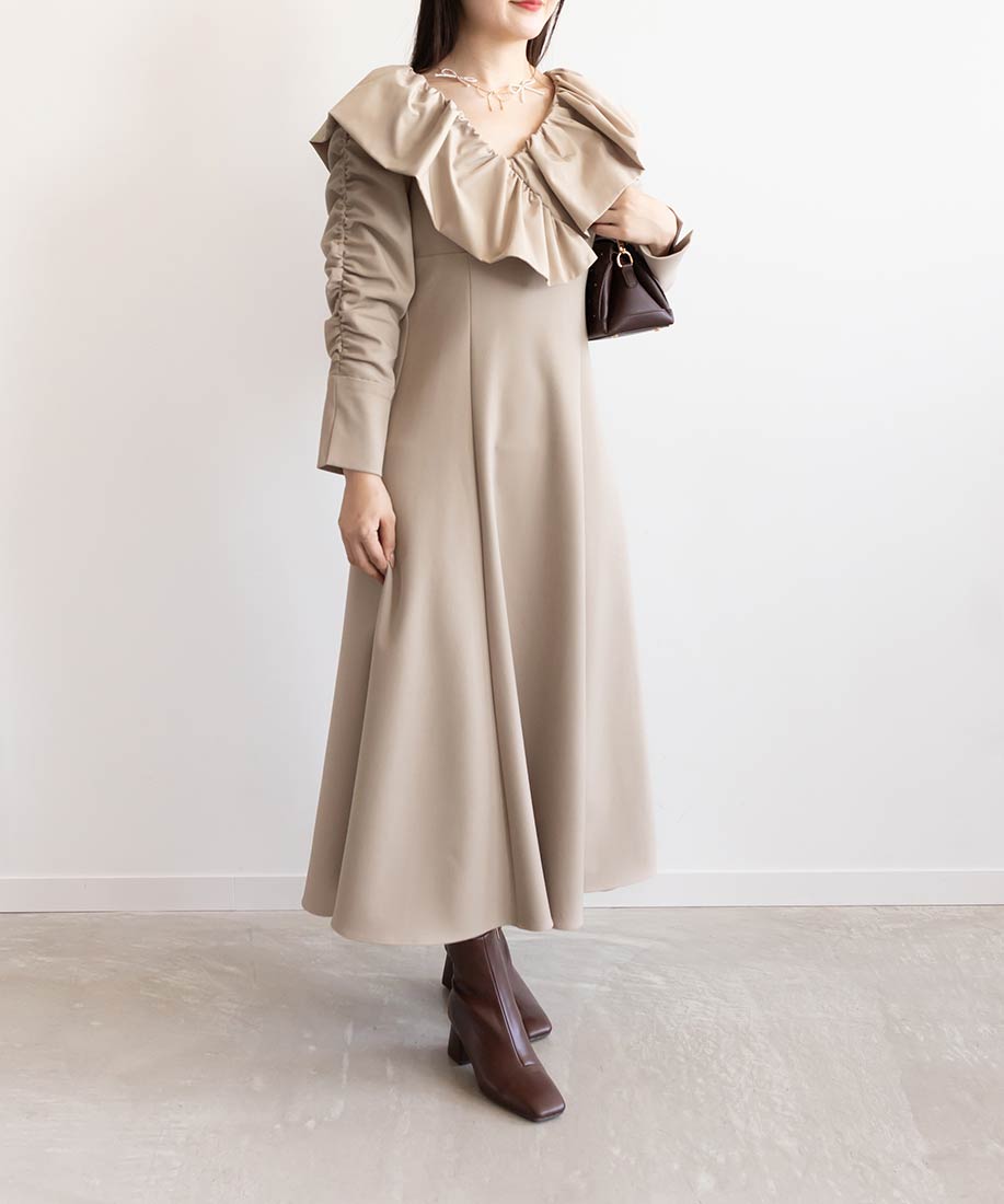 ランダ RANDA ビッグカラーフレアワンピース （BEIGE） BEIGE