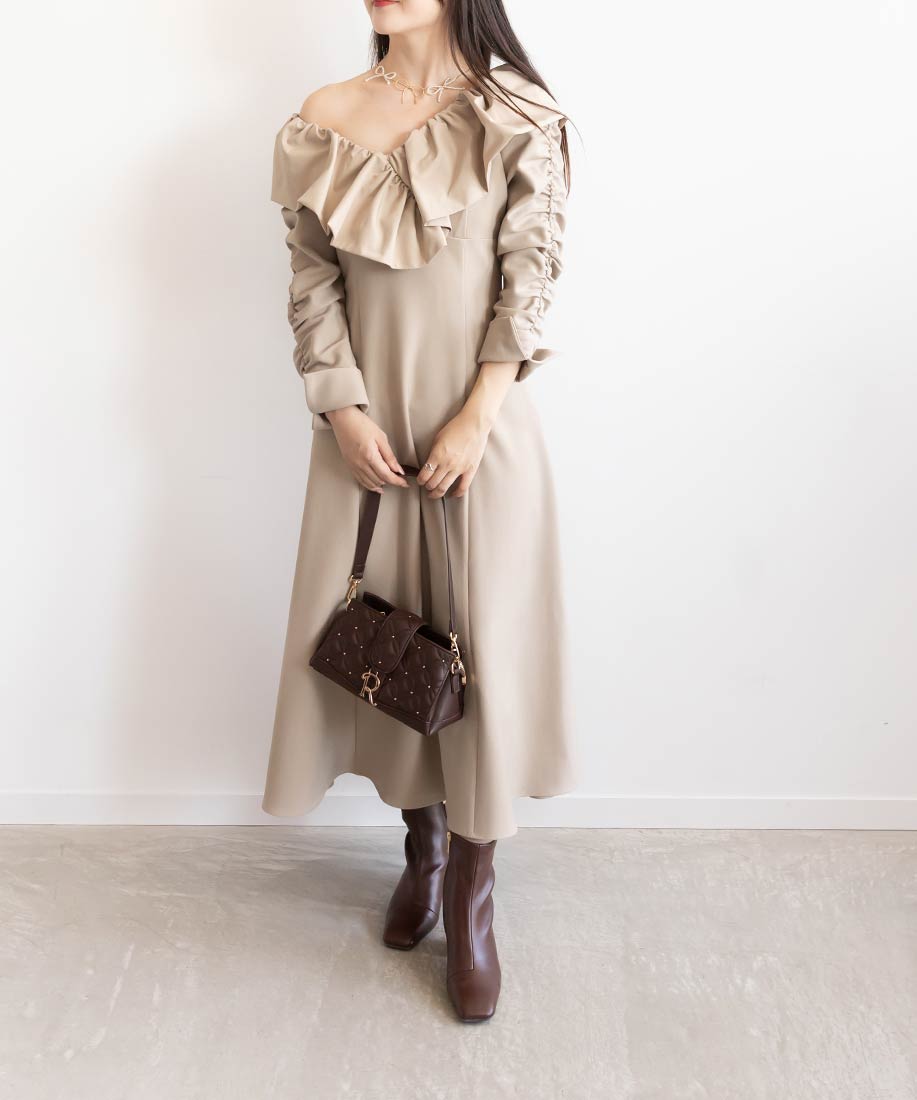ランダ RANDA ビッグカラーフレアワンピース （BEIGE） BEIGE