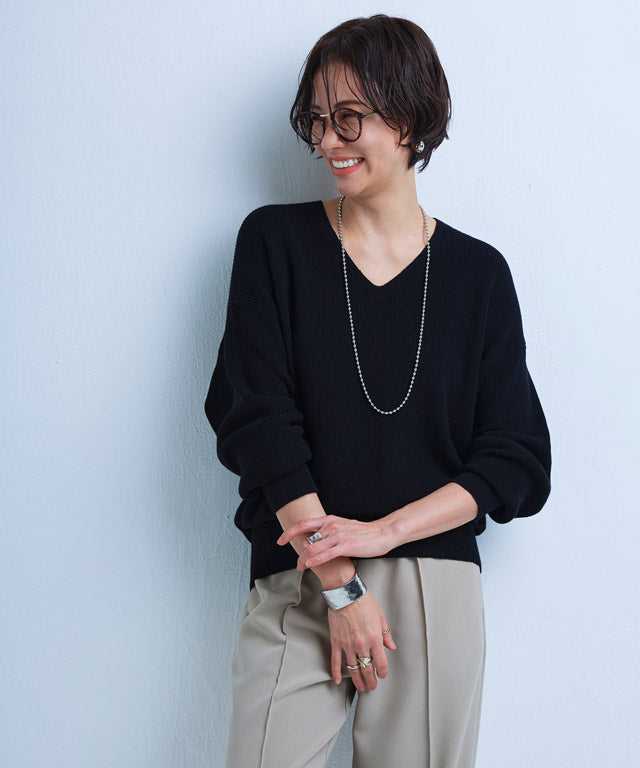 ラス RASW 綿100％Vネックニット,ブラック