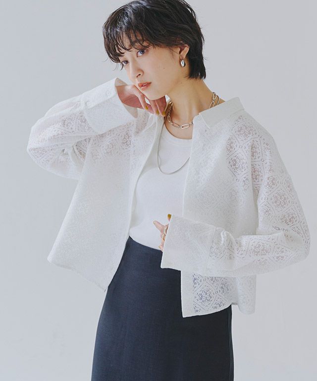 ラス RASW レースクロップドワイドシャツ,オフホワイト