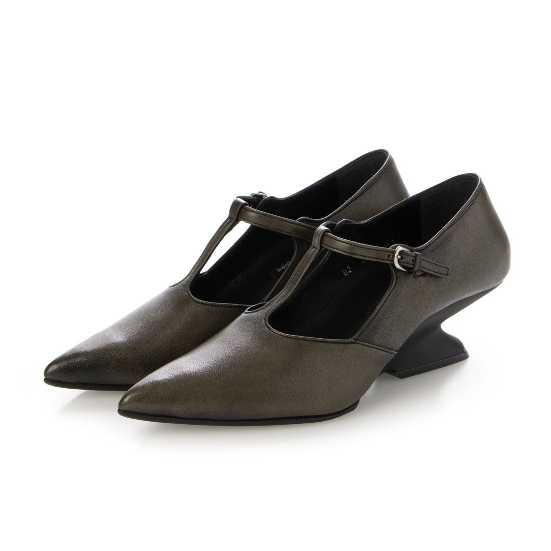 RABOKIGOSHI works 5cm Wedge Genuine Leather Pointed Toe T-Strap Pumps