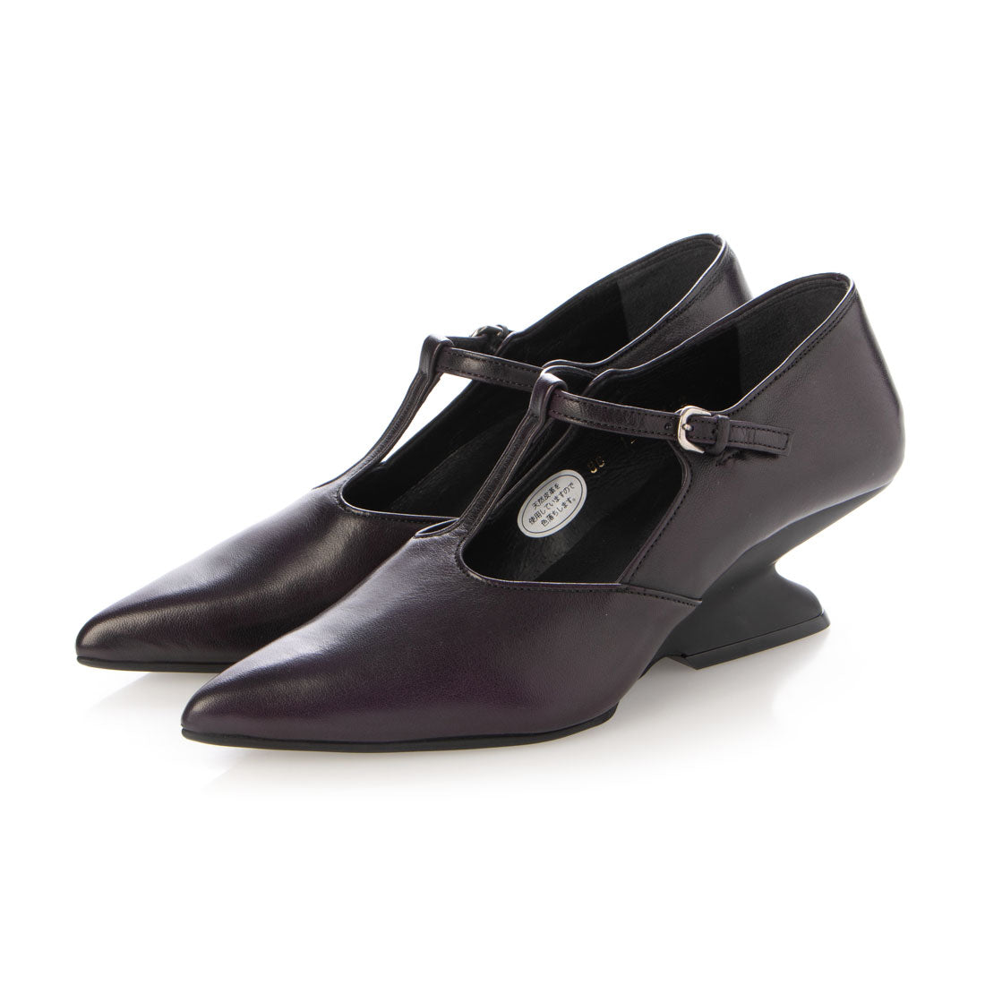 RABOKIGOSHI works 5cm Wedge Genuine Leather Pointed Toe T-Strap Pumps