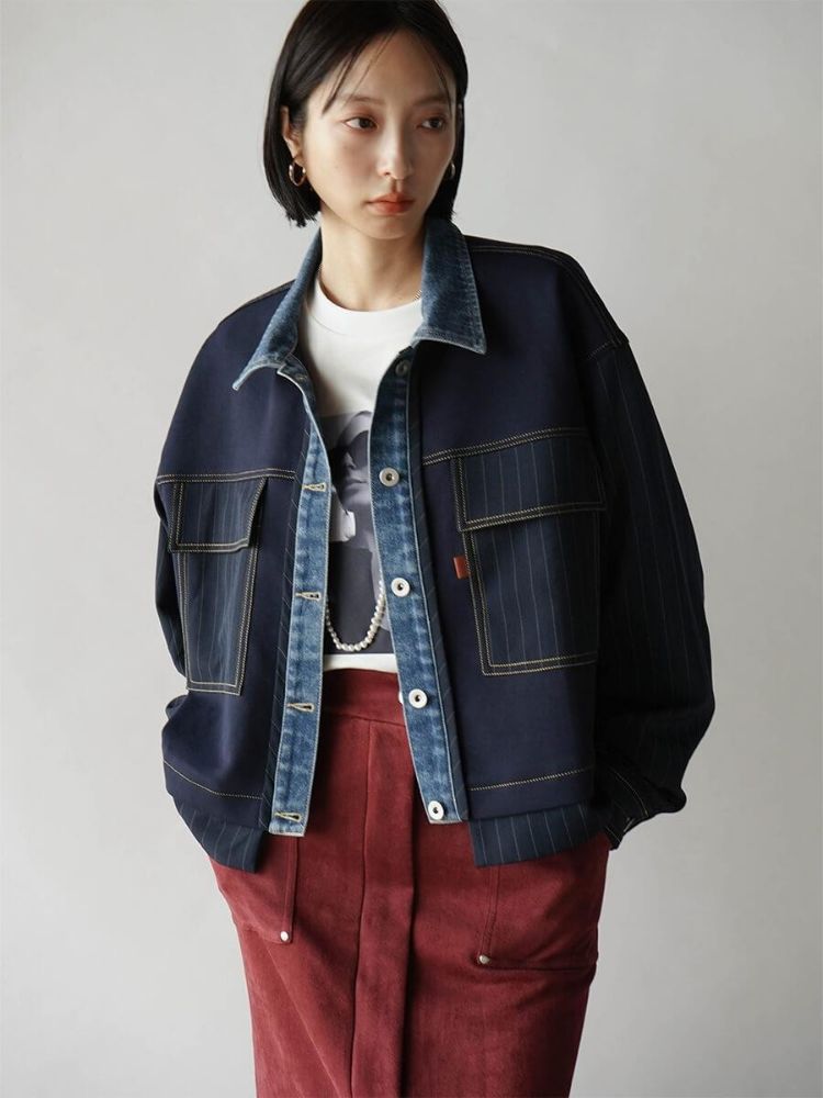 ラディエイト RADIATE デニムドッキングピンストライプスウェットジャケット （ダークネイビー） ダークネイビー