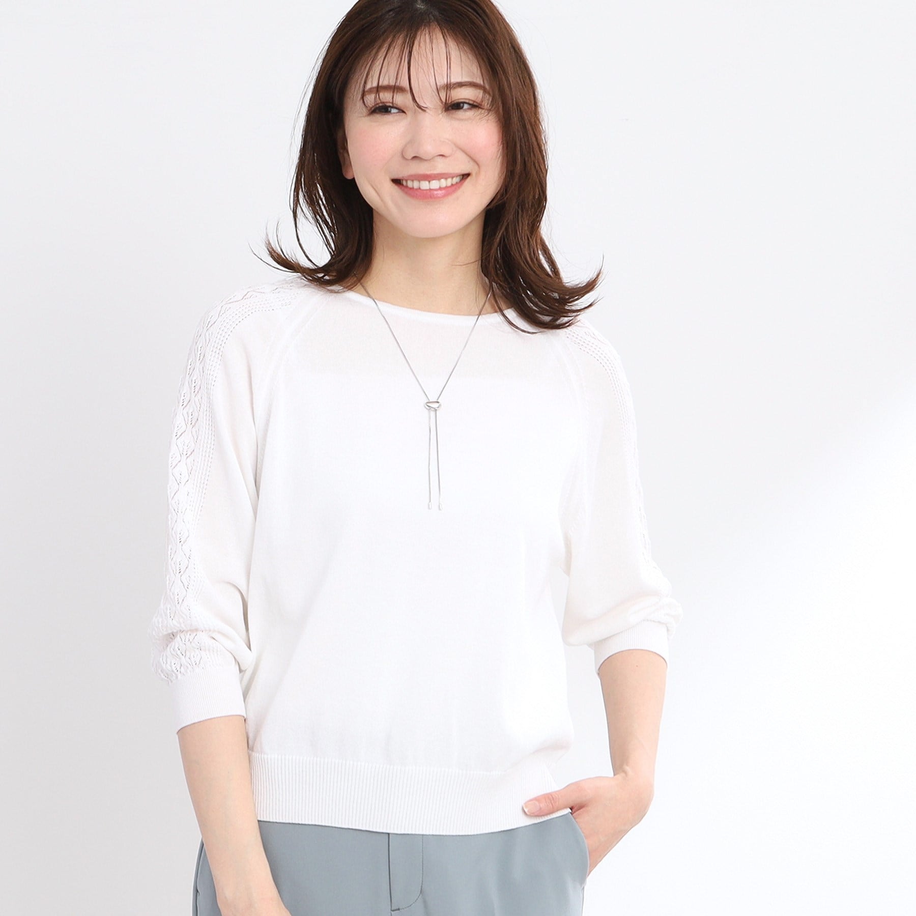 リフレクト Reflect 【WEB先行カラーあり／手洗い可】透かし柄スリーブニット （オフホワイト(003)） オフホワイト(003)