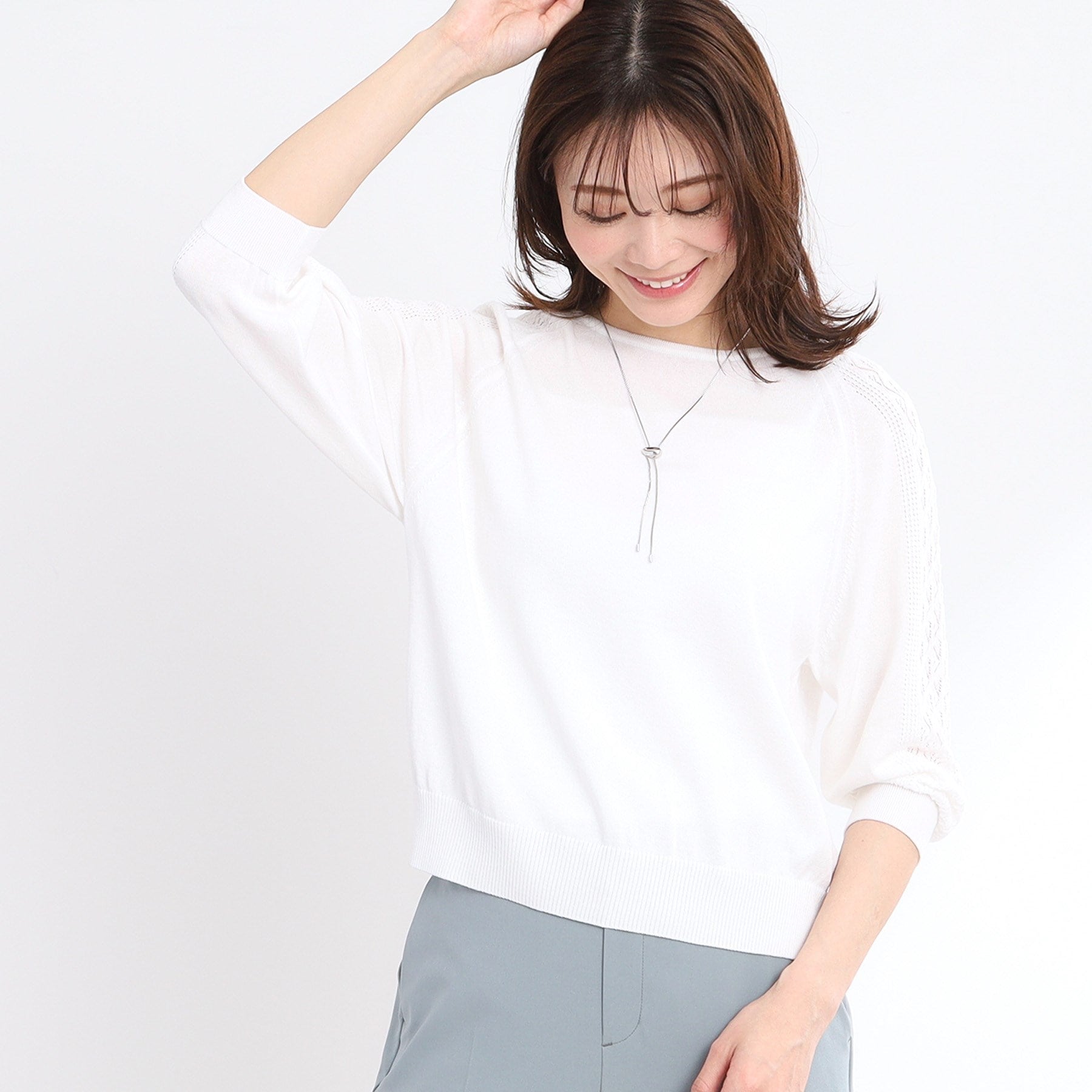 リフレクト Reflect 【WEB先行カラーあり／手洗い可】透かし柄スリーブニット （オフホワイト(003)） オフホワイト(003)