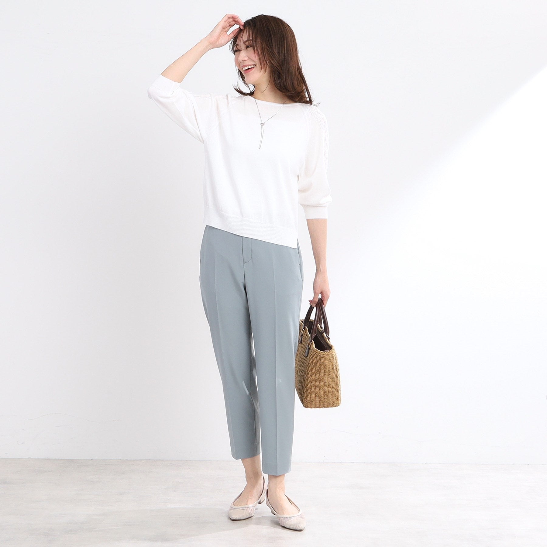 リフレクト Reflect 【WEB先行カラーあり／手洗い可】透かし柄スリーブニット （オフホワイト(003)） オフホワイト(003)