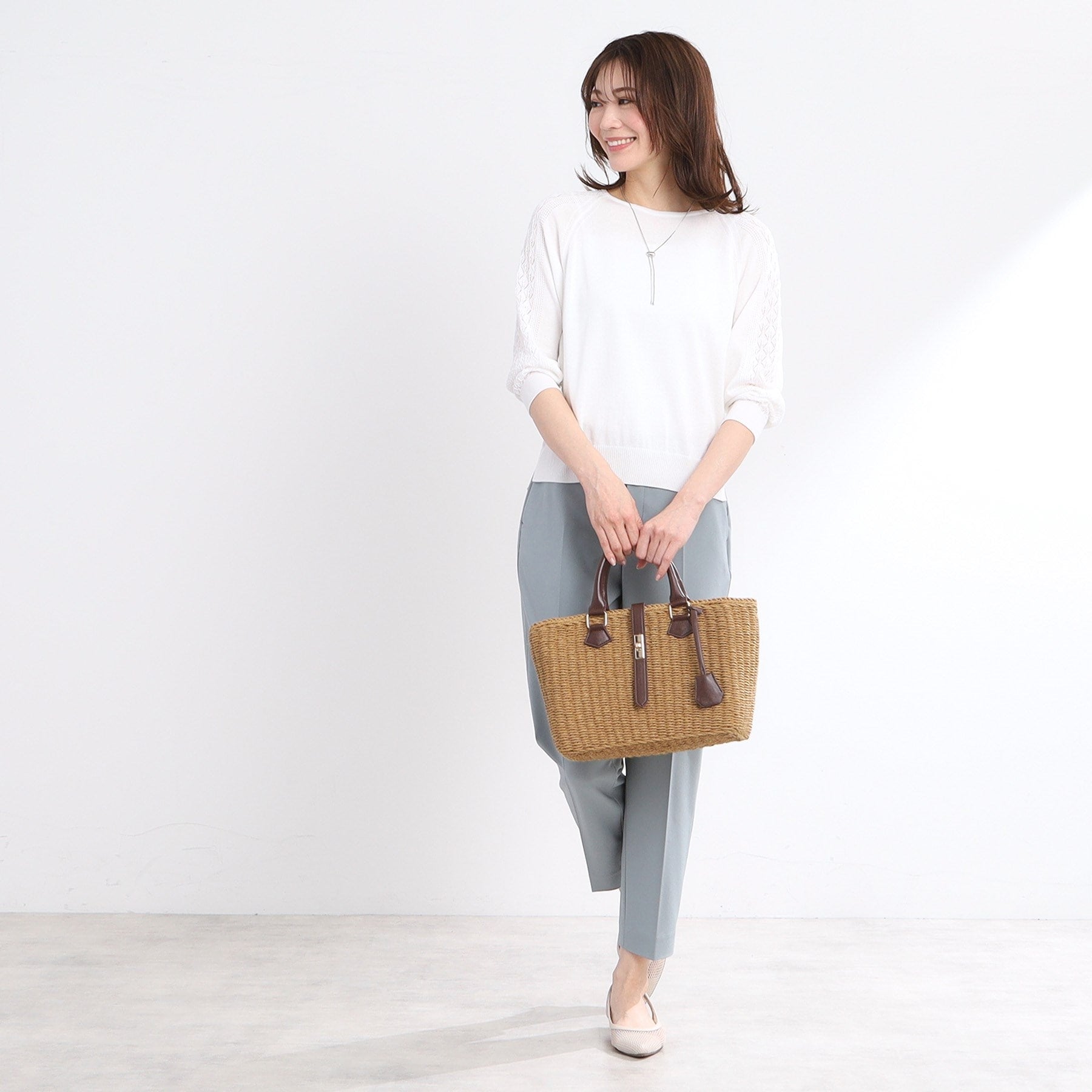 リフレクト Reflect 【WEB先行カラーあり／手洗い可】透かし柄スリーブニット （オフホワイト(003)） オフホワイト(003)