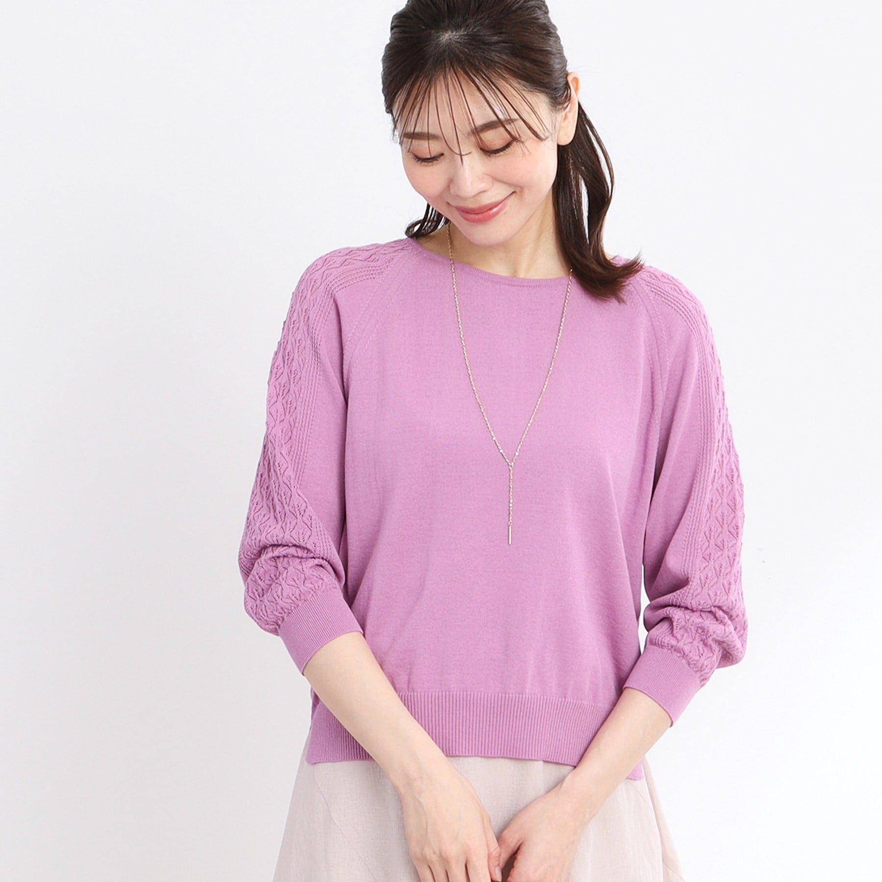 リフレクト Reflect 【WEB先行カラーあり／手洗い可】透かし柄スリーブニット （オフホワイト(003)） オフホワイト(003)