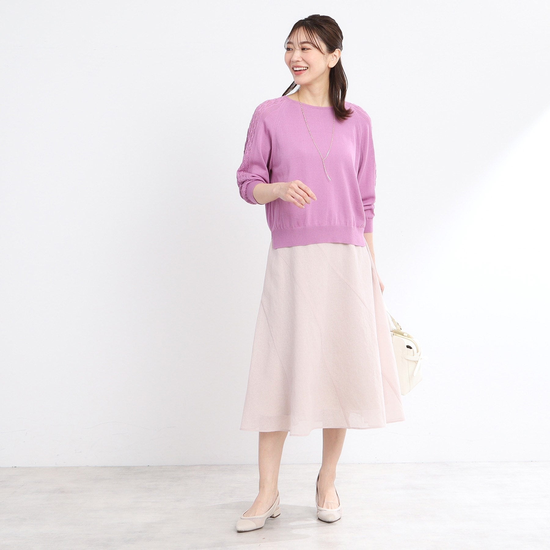 リフレクト Reflect 【WEB先行カラーあり／手洗い可】透かし柄スリーブニット （オフホワイト(003)） オフホワイト(003)