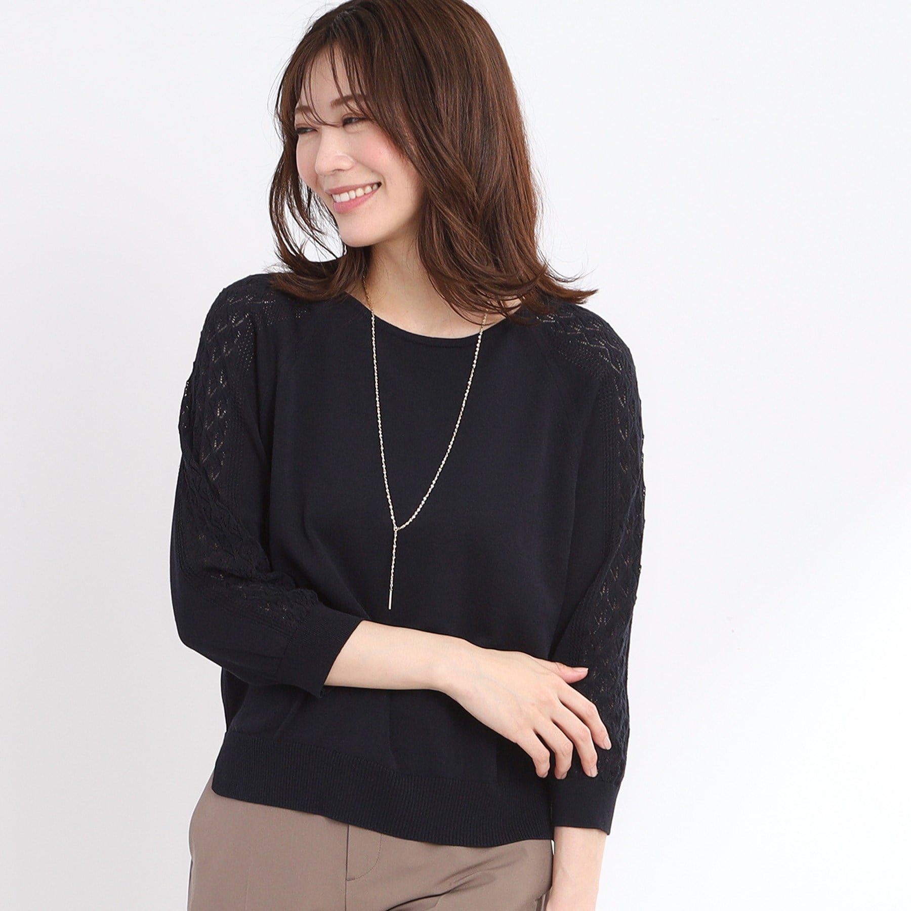 リフレクト Reflect 【WEB先行カラーあり／手洗い可】透かし柄スリーブニット （オフホワイト(003)） オフホワイト(003)