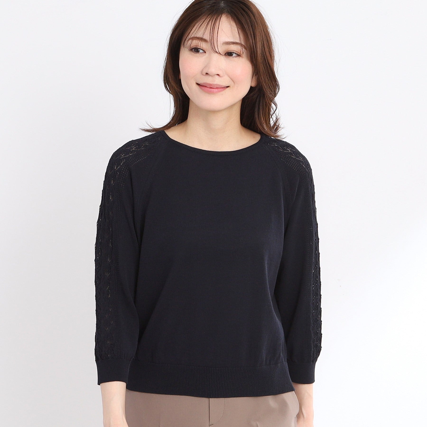 リフレクト Reflect 【WEB先行カラーあり／手洗い可】透かし柄スリーブニット （オフホワイト(003)） オフホワイト(003)