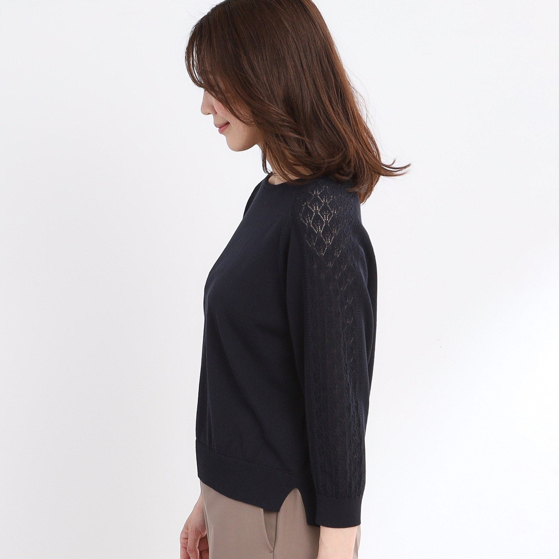 リフレクト Reflect 【WEB先行カラーあり／手洗い可】透かし柄スリーブニット （オフホワイト(003)） オフホワイト(003)