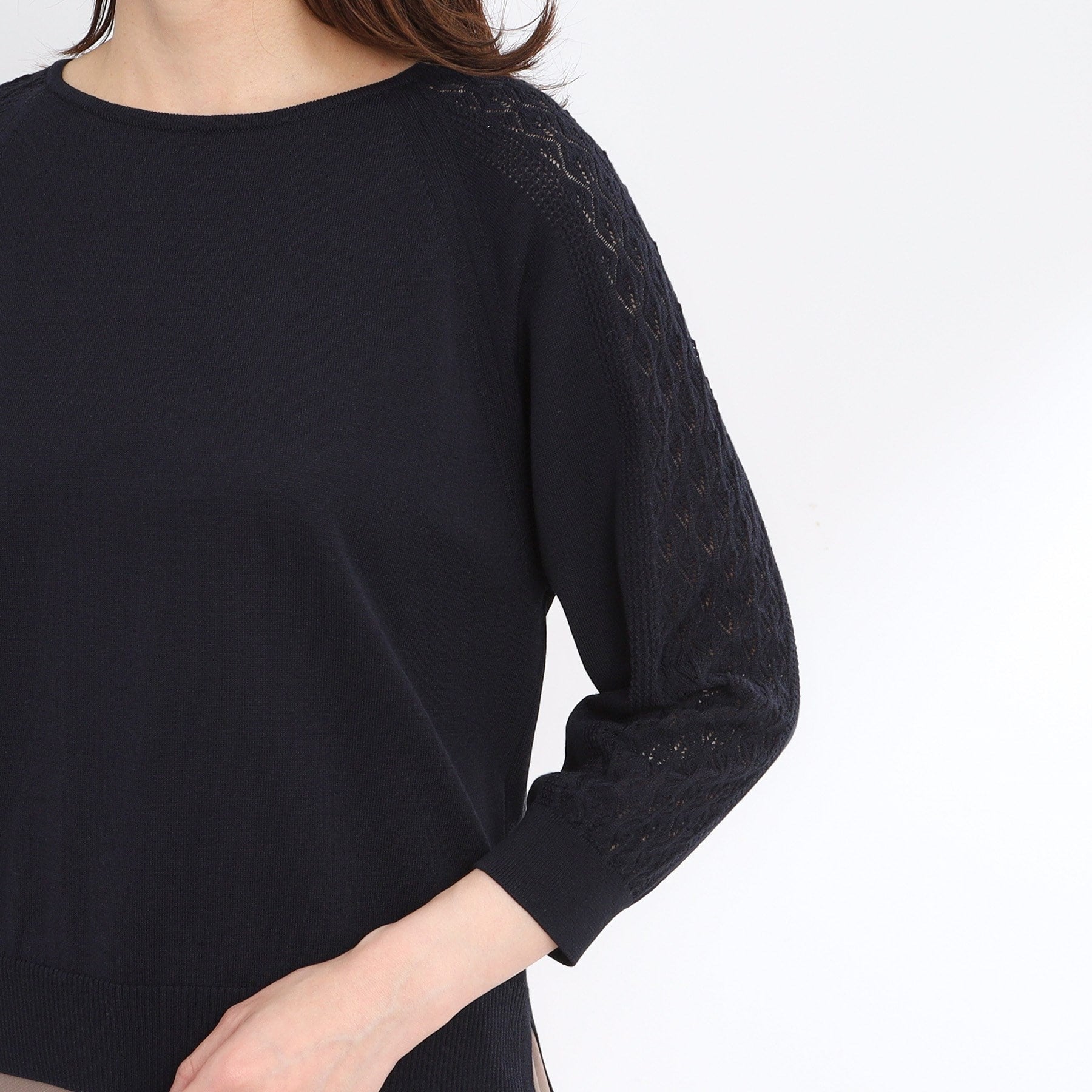 リフレクト Reflect 【WEB先行カラーあり／手洗い可】透かし柄スリーブニット （オフホワイト(003)） オフホワイト(003)