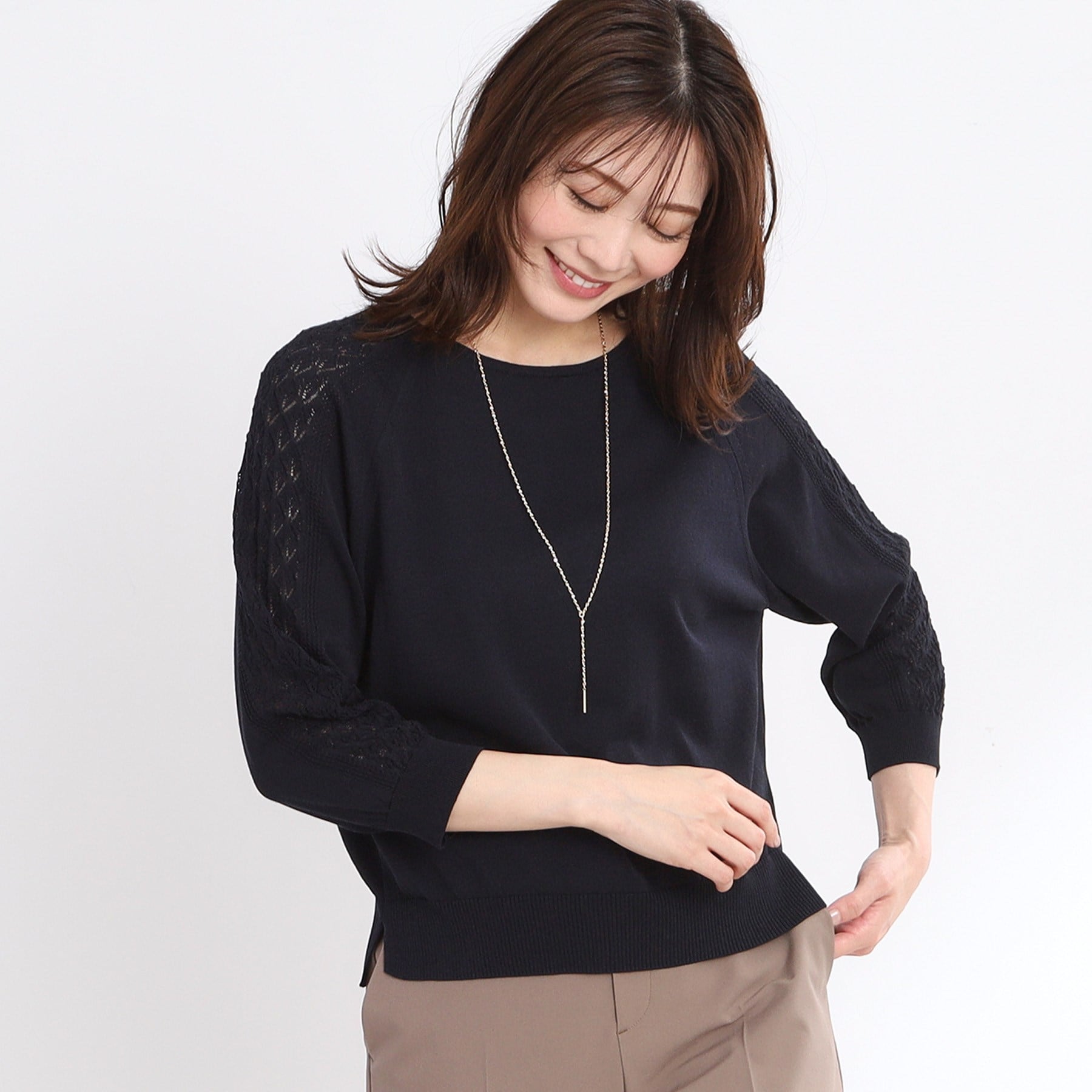 リフレクト Reflect 【WEB先行カラーあり／手洗い可】透かし柄スリーブニット （ネイビー(094)） ネイビー(094)