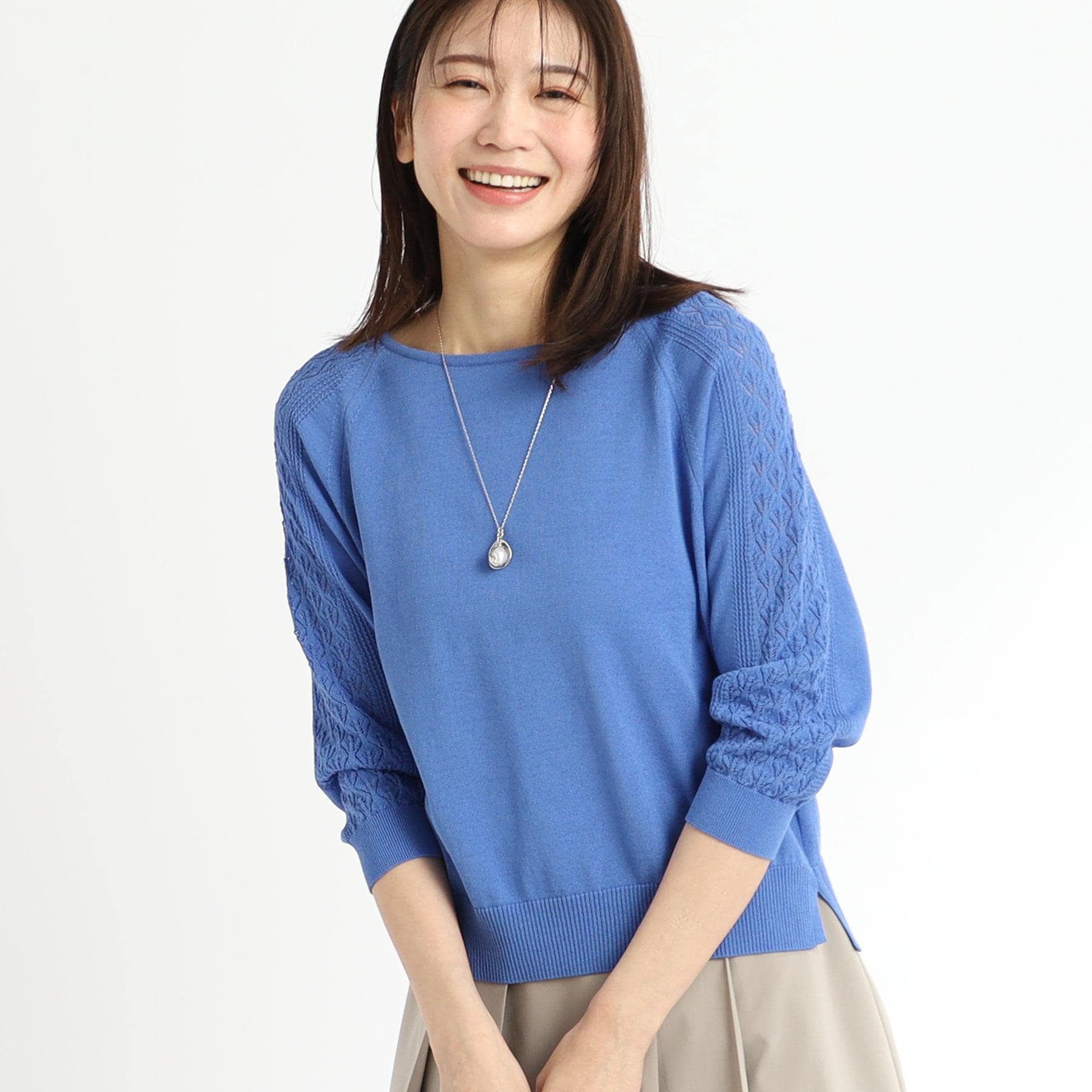 リフレクト Reflect 【WEB先行カラーあり／手洗い可】透かし柄スリーブニット （ブルー(092)） ブルー(092)