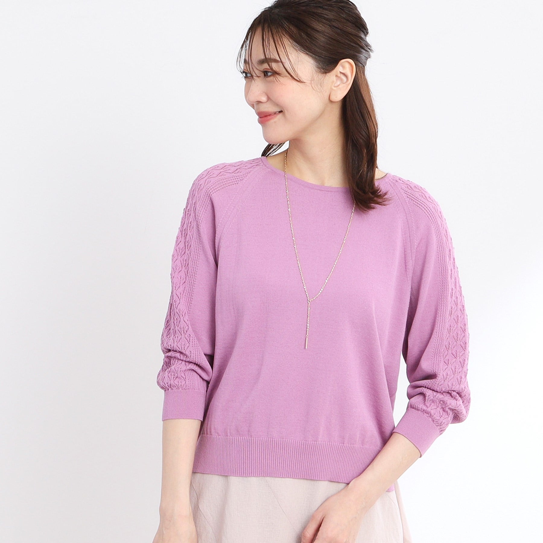 リフレクト Reflect 【WEB先行カラーあり／手洗い可】透かし柄スリーブニット （ピンク(072)） ピンク(072)