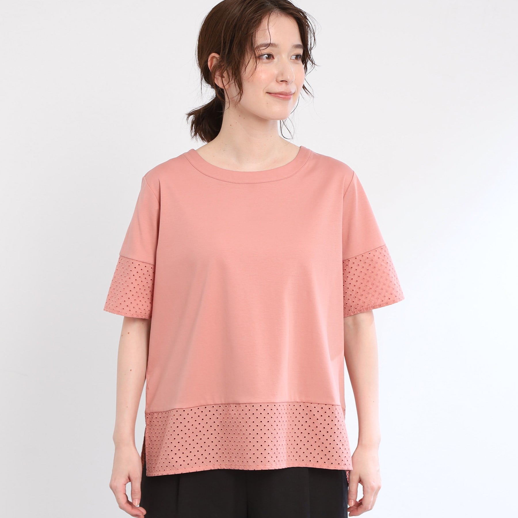 リフレクト Reflect 【E-QUALITY／手洗い可】コットンレースドッキングTシャツ （ブラック(019)） ブラック(019)