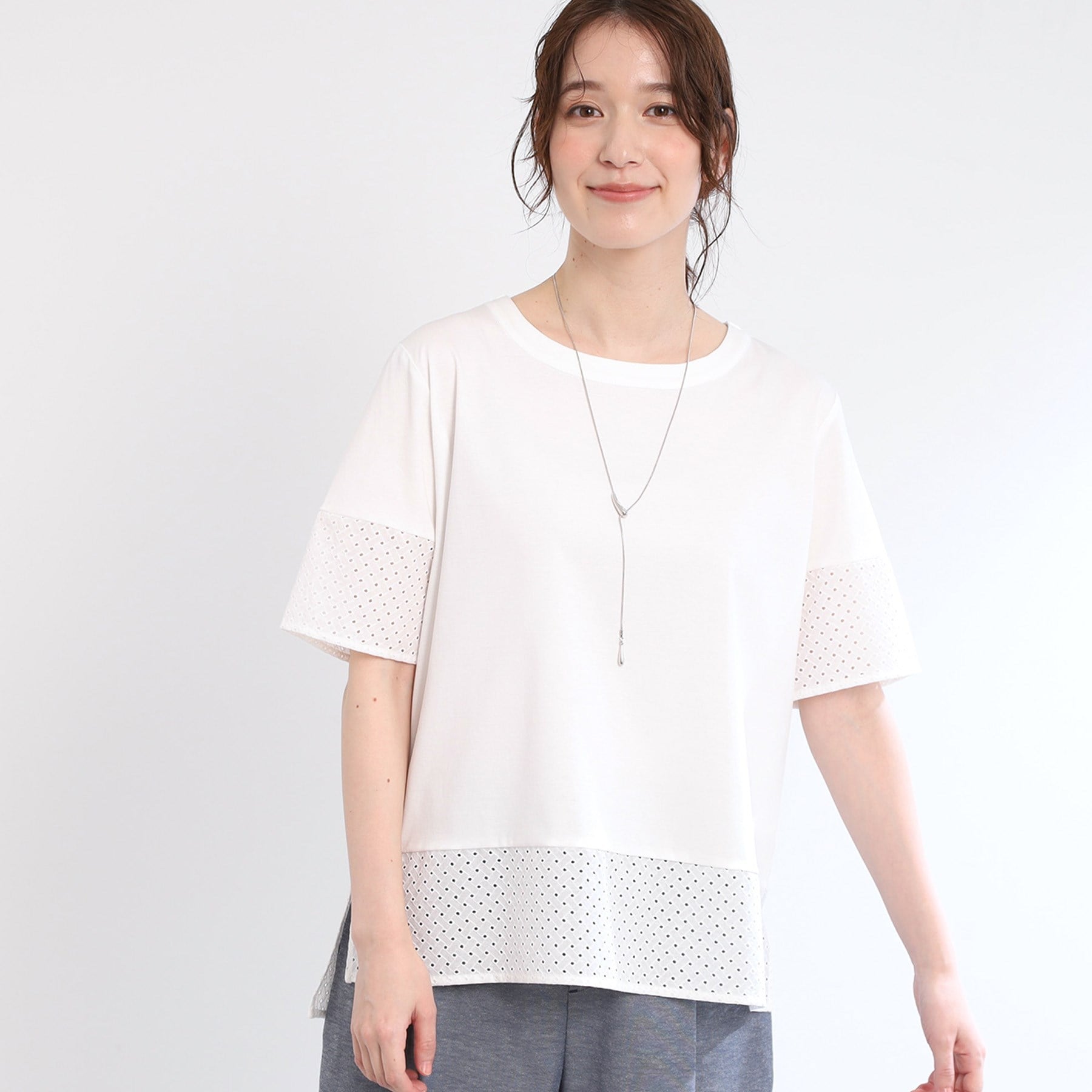 リフレクト Reflect 【E-QUALITY／手洗い可】コットンレースドッキングTシャツ （オフホワイト(003)） オフホワイト(003)