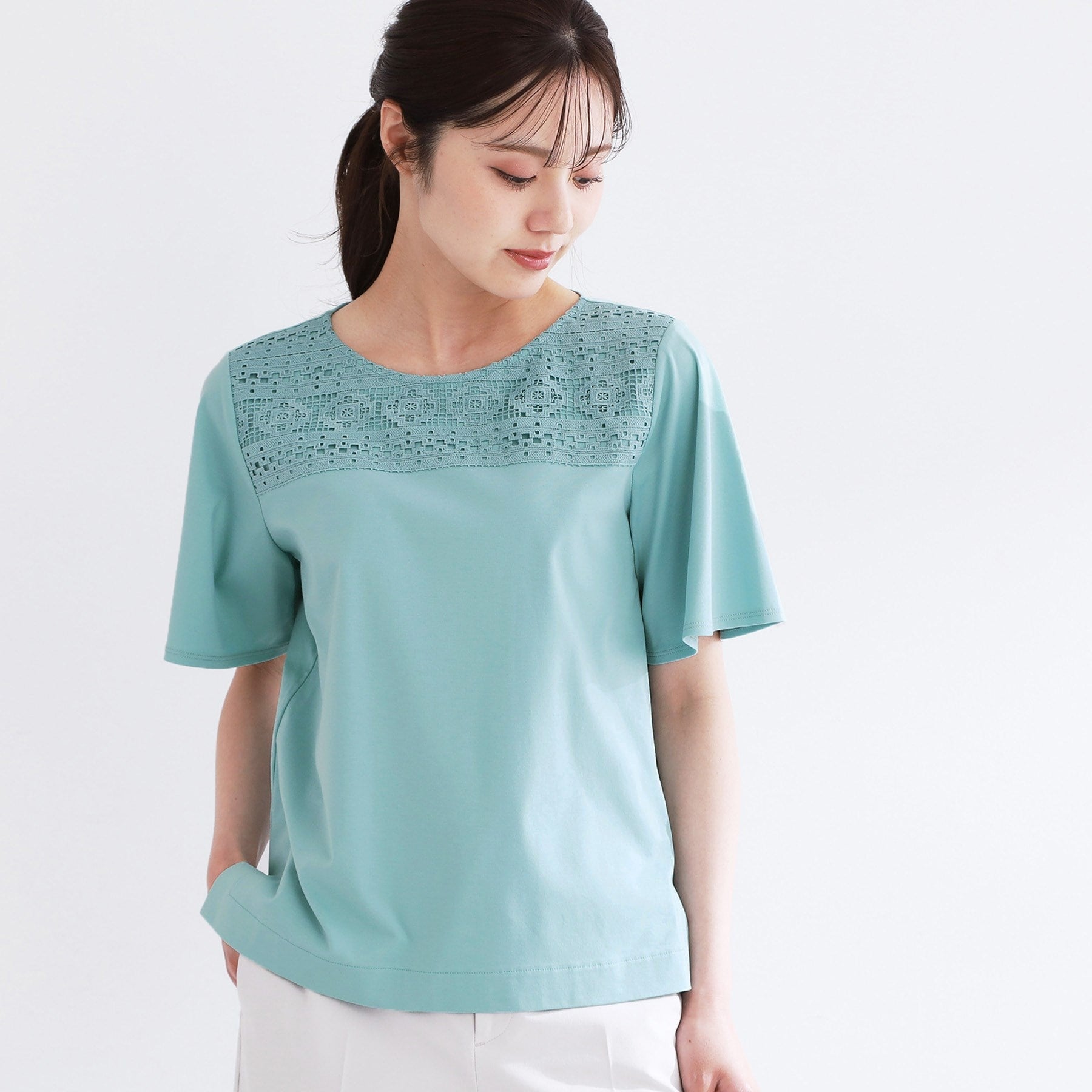 リフレクト Reflect 【手洗い可】レースデザインジャージTシャツ （ライトグリーン(020)） ライトグリーン(020)